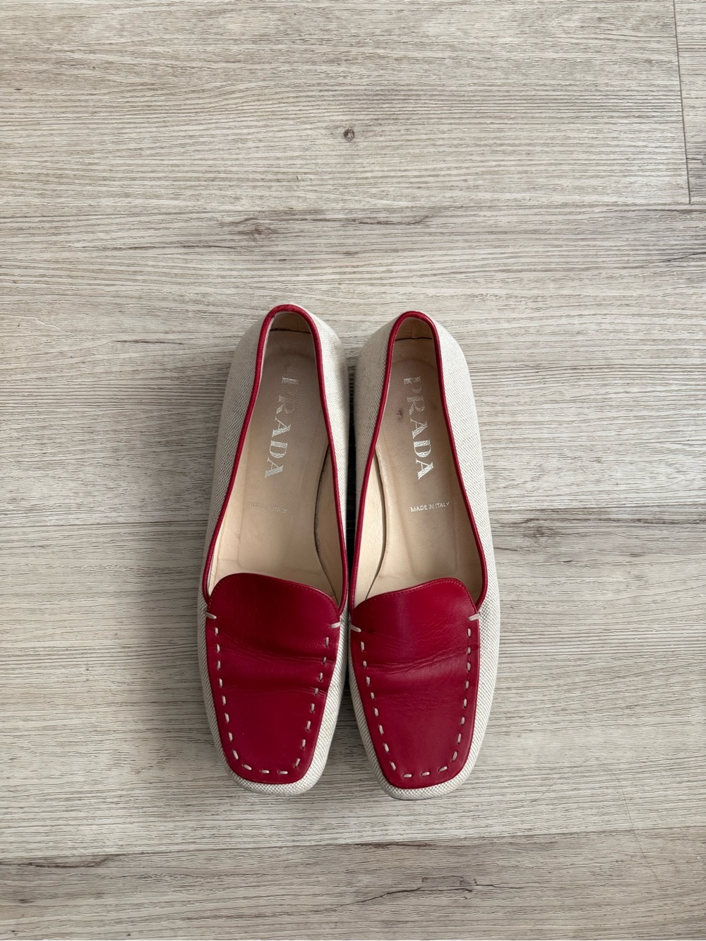Prada Red Leather-Trim Beige Woven Loafers